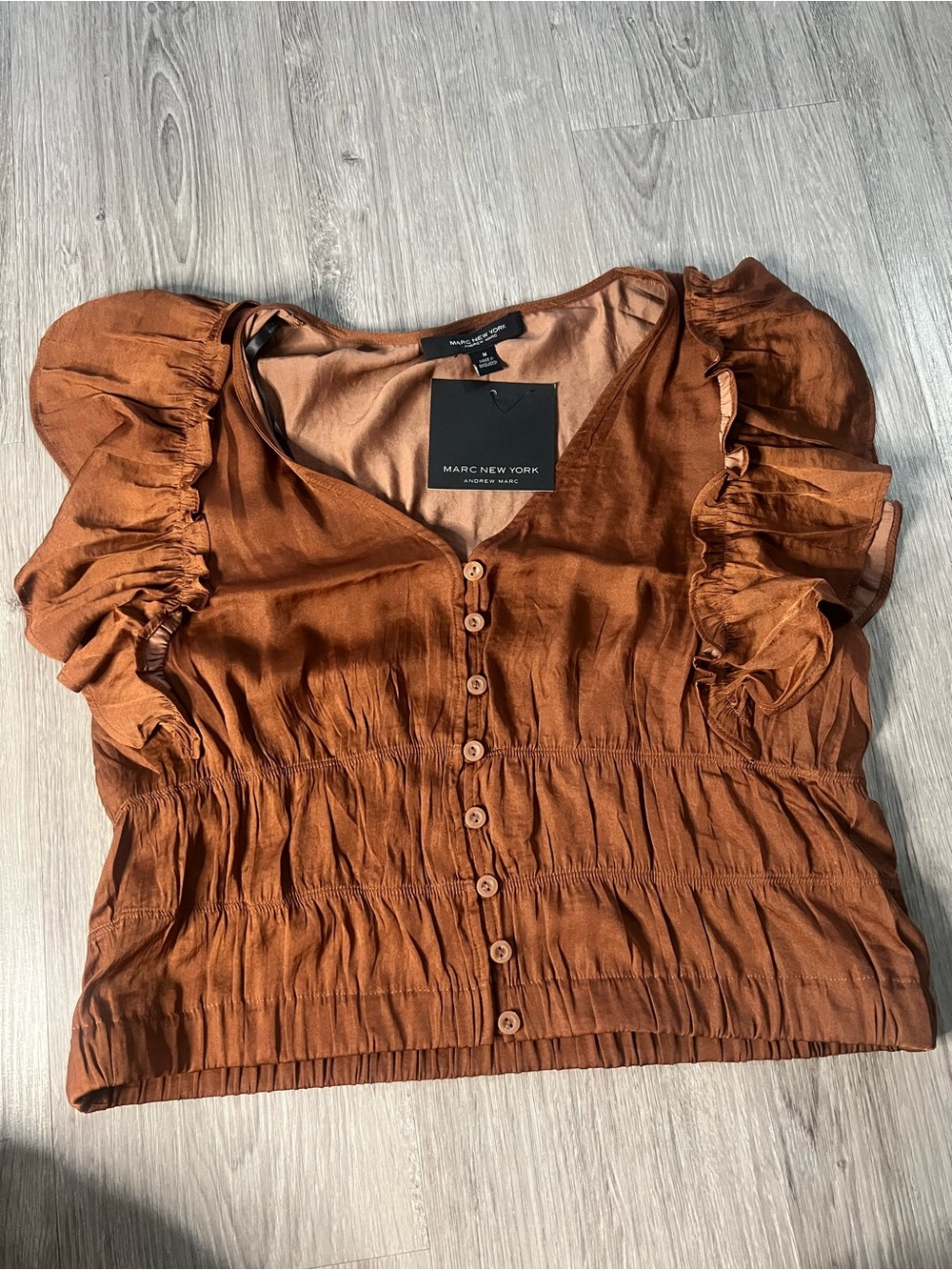 Marc New York Women's Rust Button-Front Ruffle Sleeve Top Size Medium